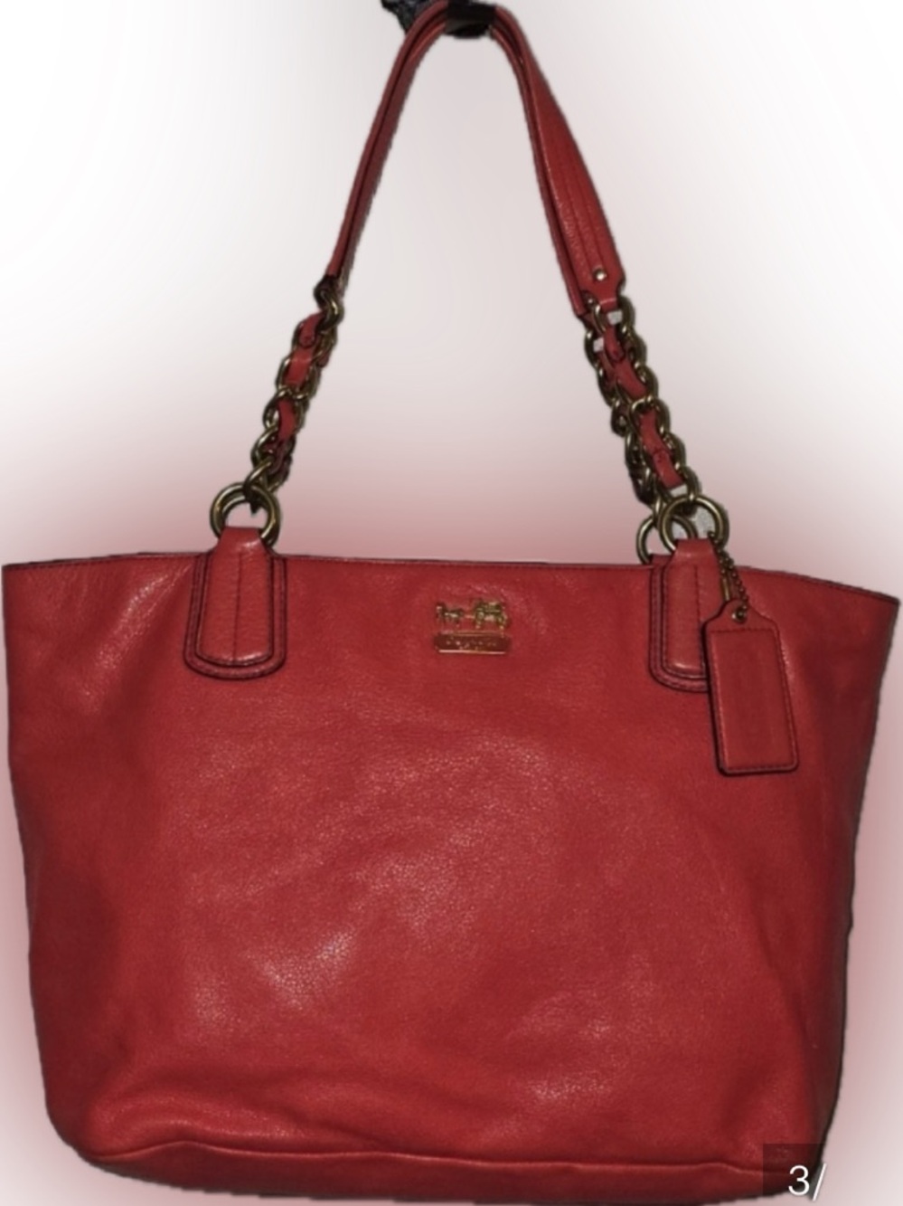 COACH Madison East West Tote 26769 Scarlet Red Pebbled Leather Chain Handbag